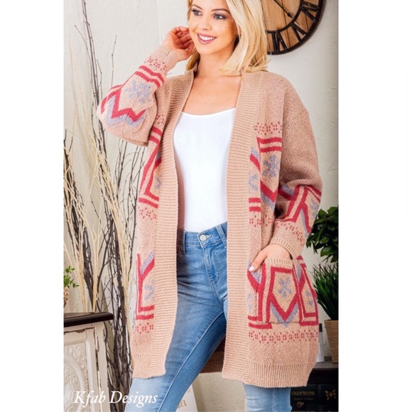 B29S🤎💗Luxury look+feel tan Southwest print cardigan w/pink +blue trim details - Picture 9 of 13